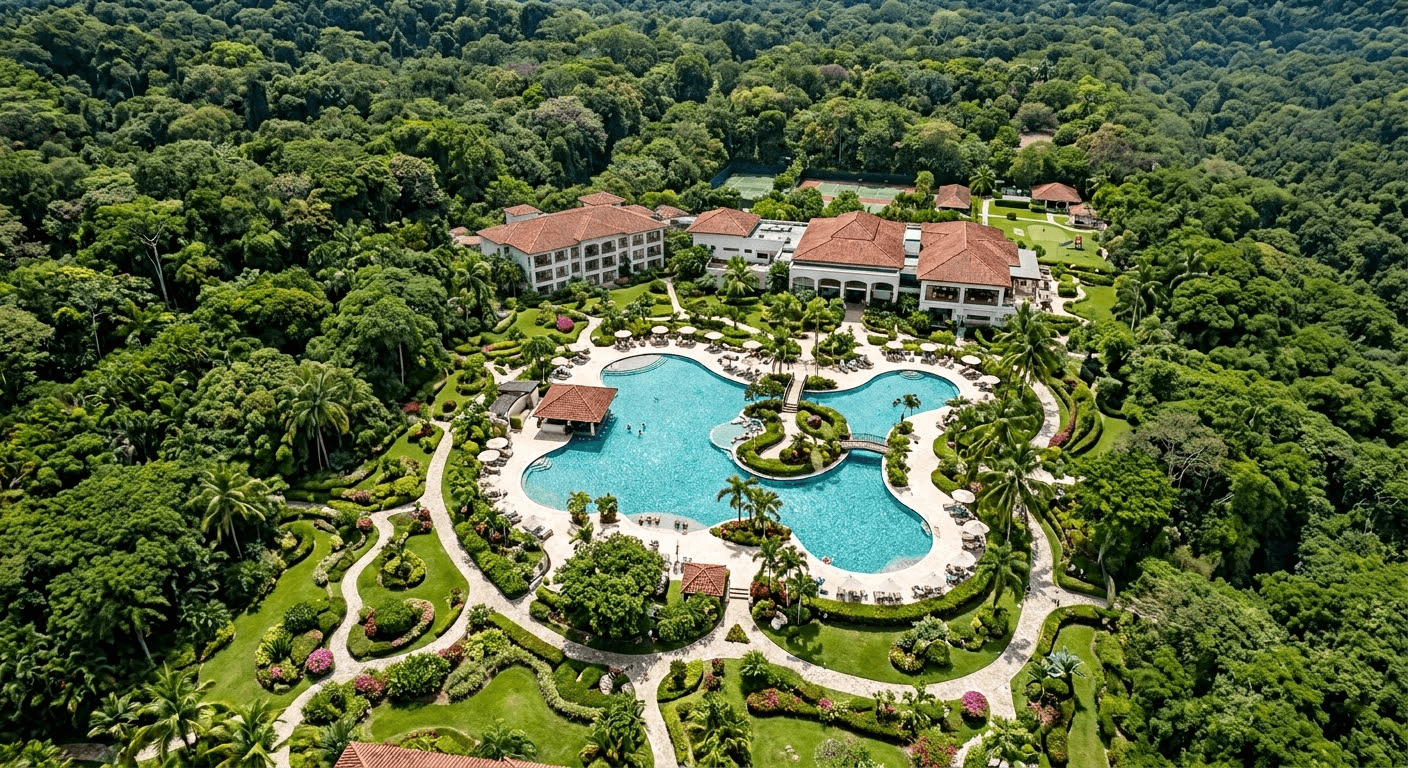 Aerial view of a hillside resort and lagoon pool ringed by rainforest